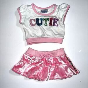 Build A Bear Workshop Cutie T Shirt and Velour Skirt Pink White 2 Piece Set